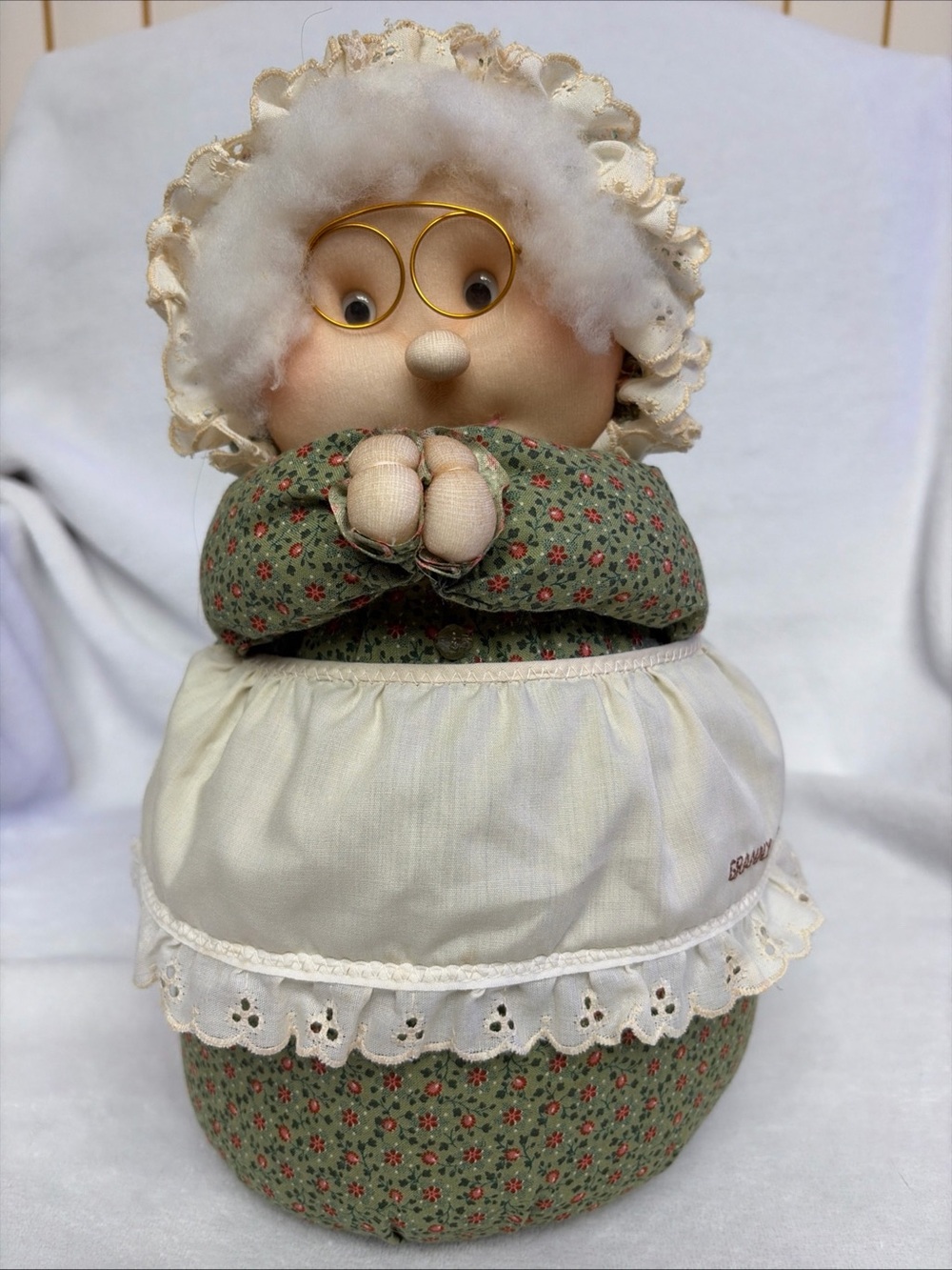 Vintage Handcrafted Green Floral Grandma Doll Home Accent